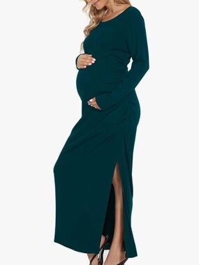 Smallshow Maternity Teal Long Sleeve Dress with Side Split